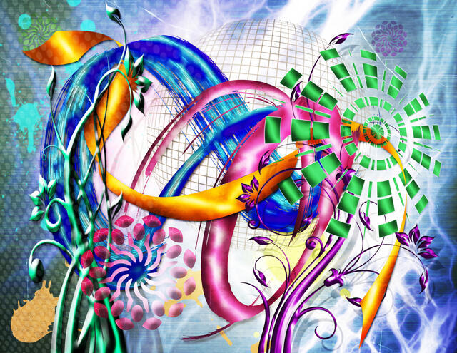 artwork featuring a mix of styled shapes and ribbons weaving through one another, with lots of textures overlaid