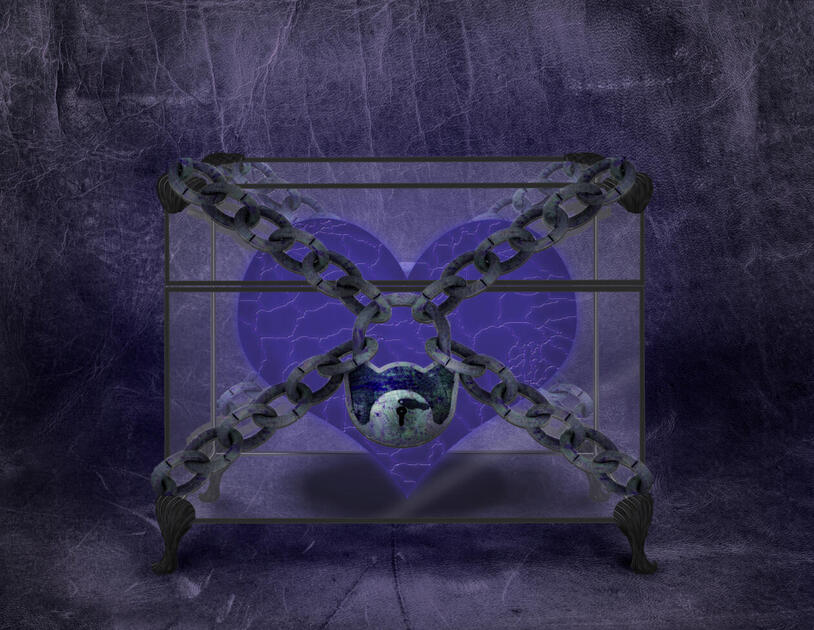 artwork of cracked blue heart inside clear box with chains and padlock closed around it