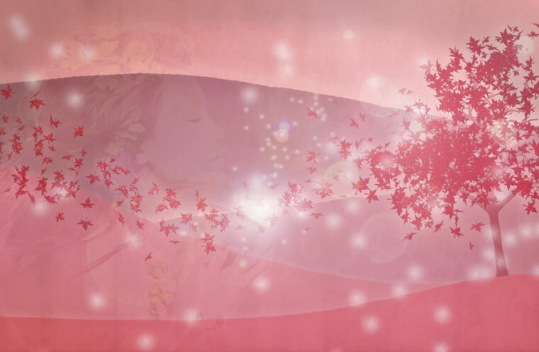 artwork featuring background pink-hued hills and pink maple tree in foreground with leaved blowing in the wind, a ghostly woman appears to be blowing a breeze