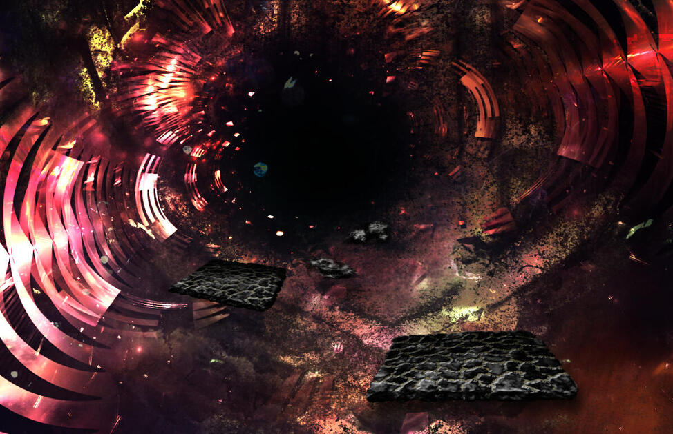 artwork featuring stone slabs appearing to be sucked into a vortex, being broken apart along the way