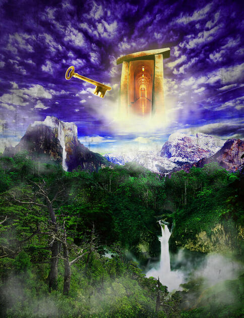 artwork of surreal gateway floating in vivid blue sky with key, above vivid green forest with waterfall