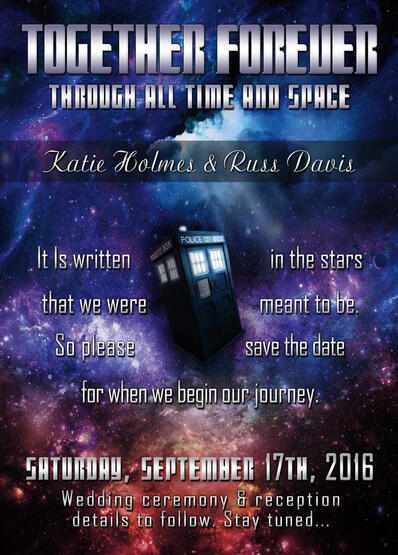 wedding invitation featuring Dr. Who space imagery and Tardis