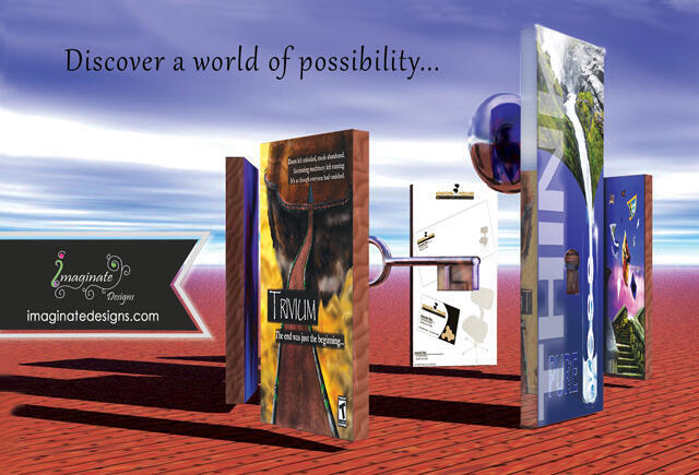 artwork for mailer featuring doors covered with other artwork and key floating in the middle
