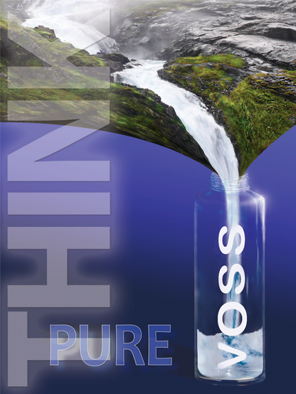 Voss Water ad featuring image of mountain spring flowing into Voss water bottle with words "think pure" on the side